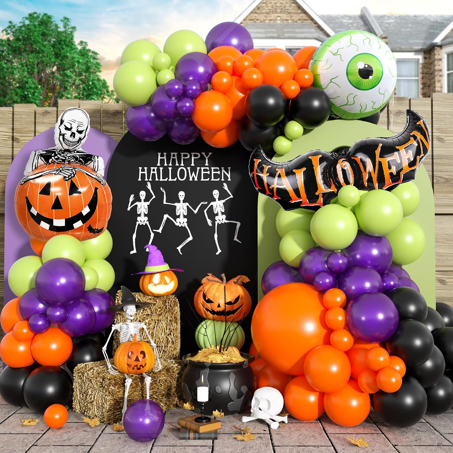 Balloon Arch Kit - Halloween-Ballon-Girlanden-Bogen-Set, Orange-Grün-Lila-Ballon-Bogen-Set mit großem grünem Geisterauge